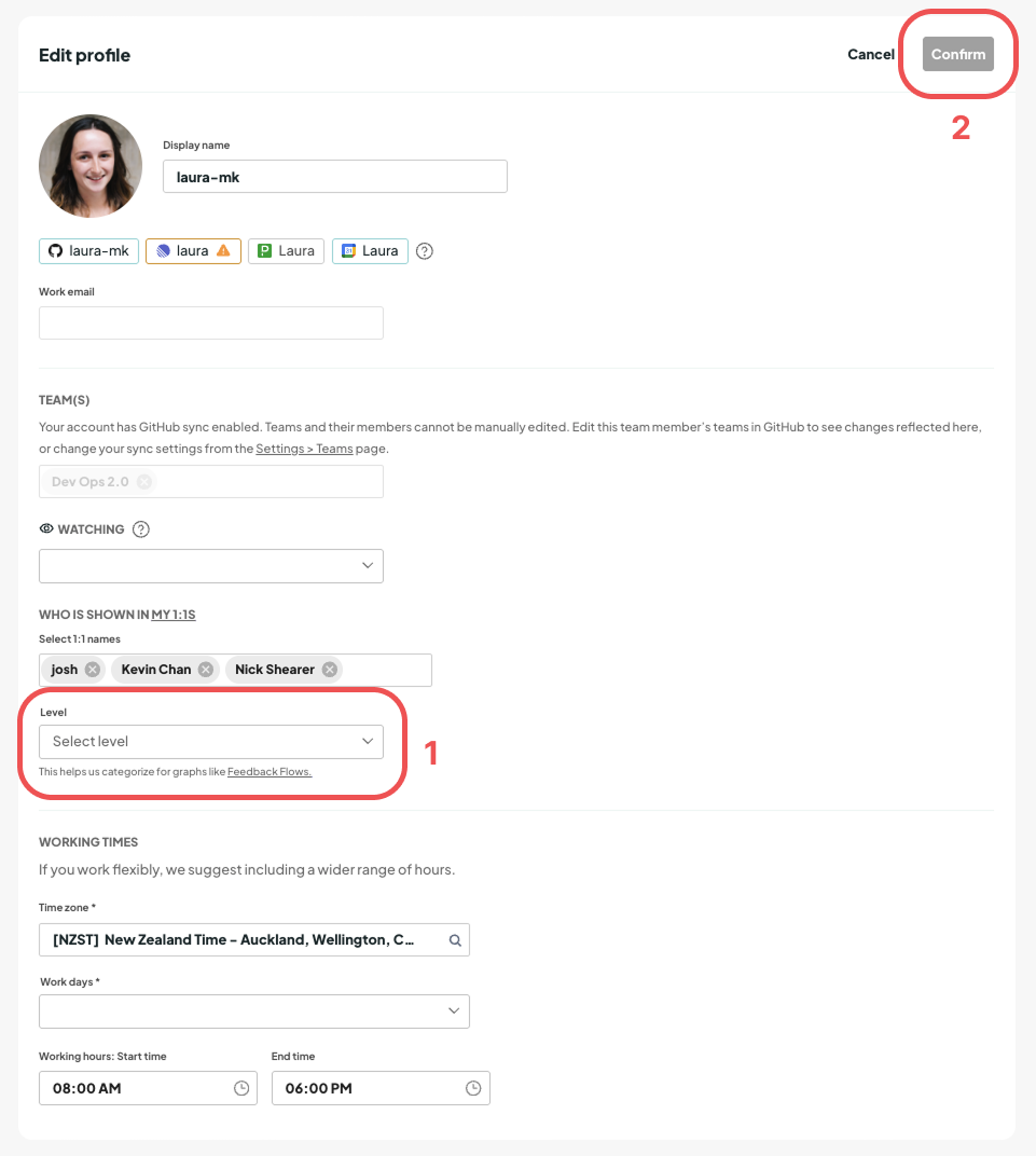 Team member profile page with highlight showing the level dropdown and then confirm button. 