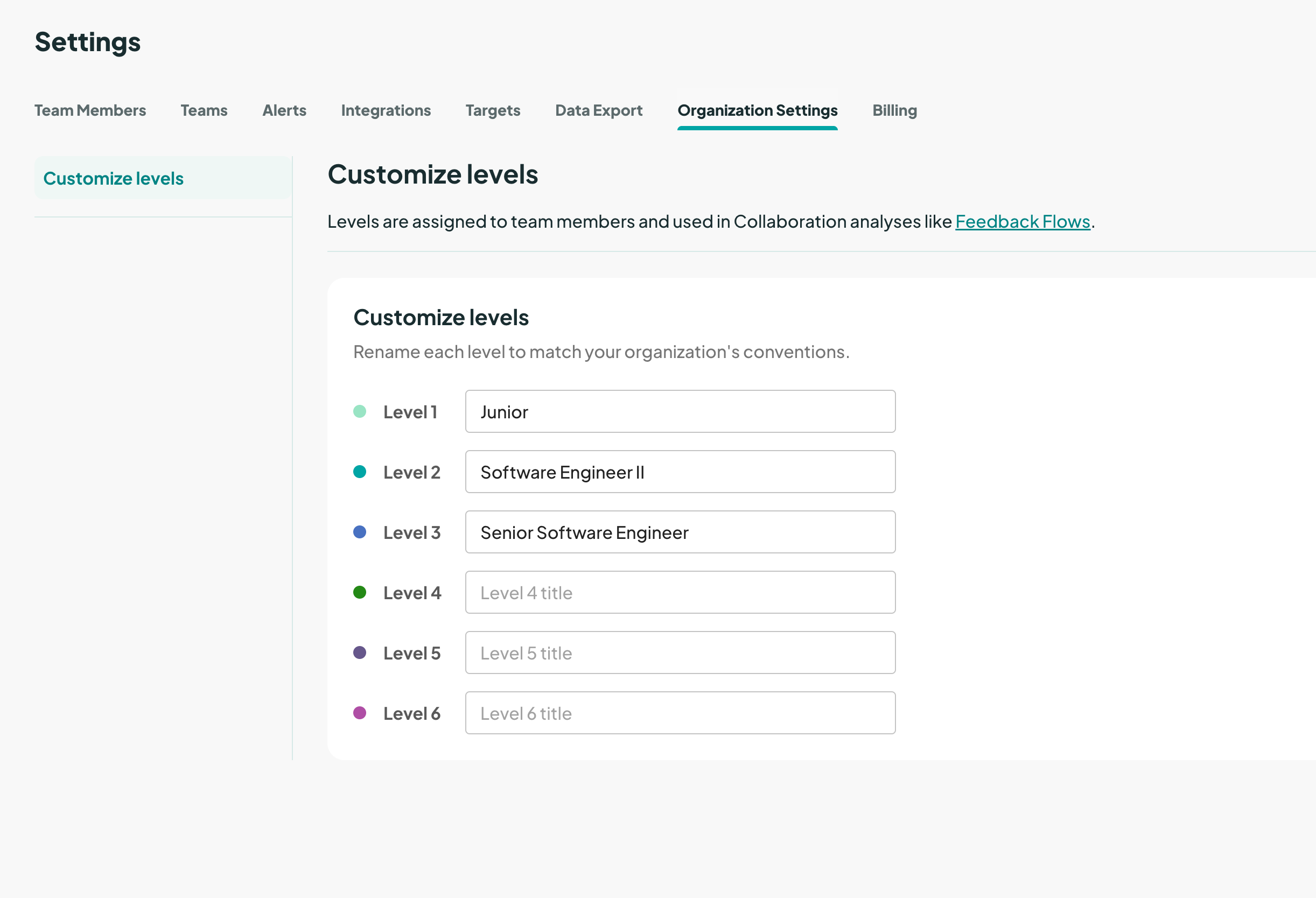 App page with heading Customize levels and 6 fields to enter new level titles. 